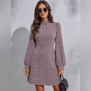 SHEIN Women's Long Sleeve Tweed Dress - Purple and White